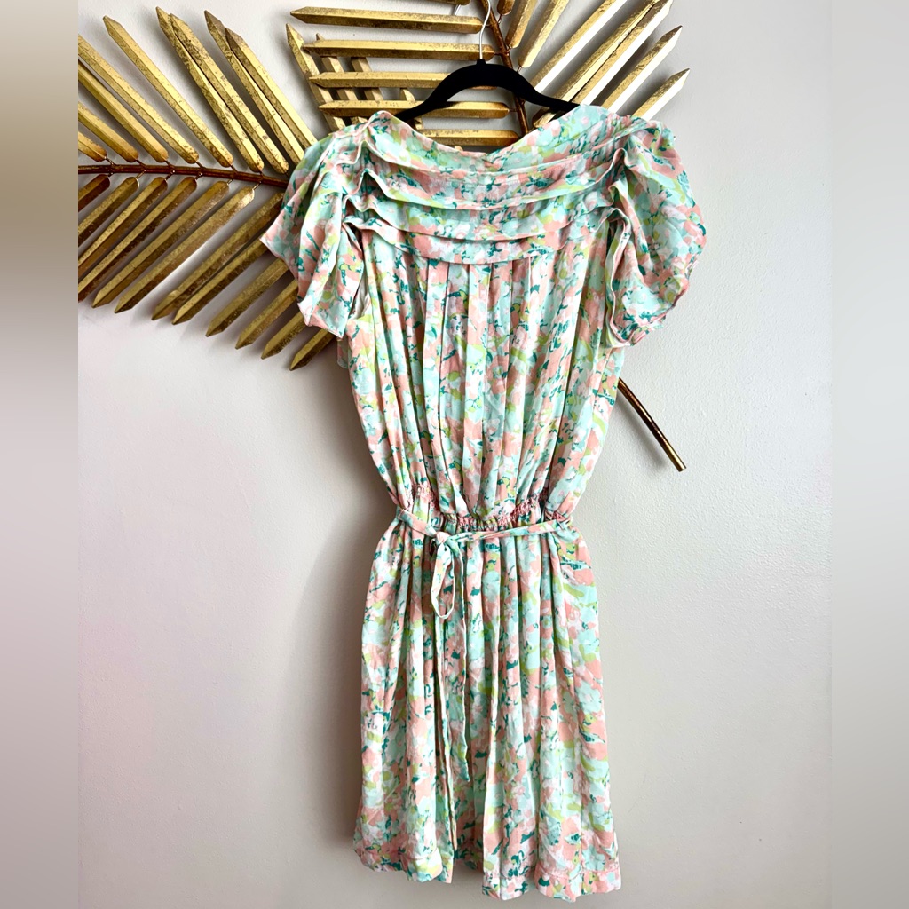 Max Studio Mint And Peach Floral Pleated Midi Dress